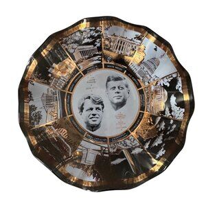 John F. Kennedy & Robert F. Kennedy Vintage Commemorative Glass Dish With Gold D